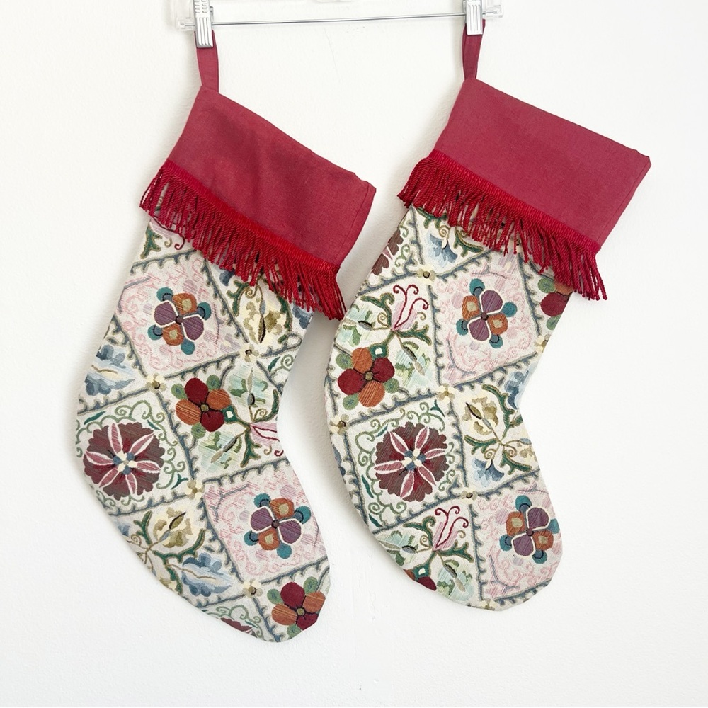 TWO Christmas Stockings Red Fringe Tapestry Floral Geometric Artist Made 19”